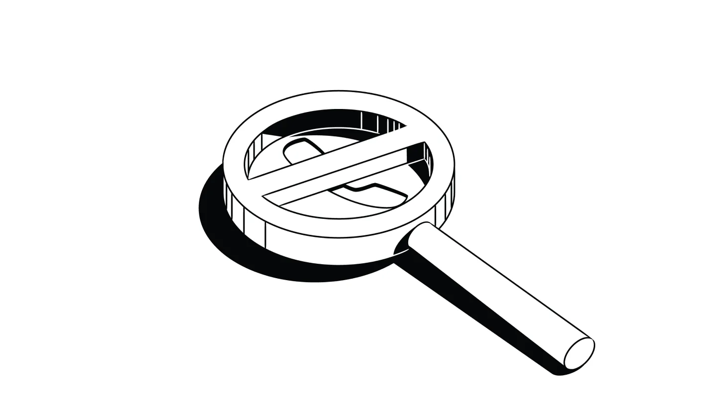Illustration of a magnifying glass over a phone with a line through it, illustrating a spam call blocker